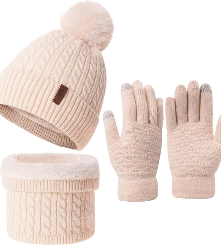 3Pcs Winter Women Beanie Hat Scarf and Touch Screen Gloves Sets Girls Classic Knit Warm Chunky Fleece Lined Cable Cap