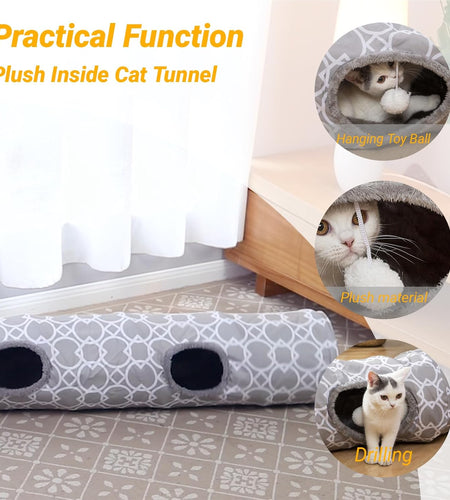Geometric Straight Cat Tunnel with Plush Inside,Cats Toys Collapsible Tunnel Tube with Balls, for Rabbits, Kittens, Ferrets,Puppy and Dogs, Diameter 9.8 Inch