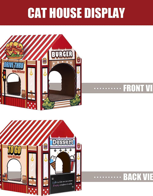 Load image into Gallery viewer, Cardboard Cat House with Scratcher/Catnip, (16.5''X12''X15'') Burger Shop for Indoor/Outdoor Cats, Cat Play House&amp;Home Decor, Cat Scratch Toy, Hideout for Bunny&amp;Small Animals

