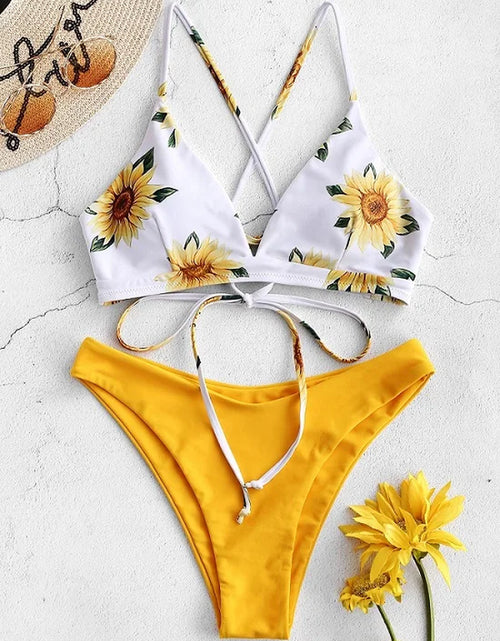 Load image into Gallery viewer, Sunflower Printed Bikini Set Sexy Swimwear Women 2021 Mujer Push up Padded Biquini Bathers Bandage Bathing Suit Swimsuit Bikini
