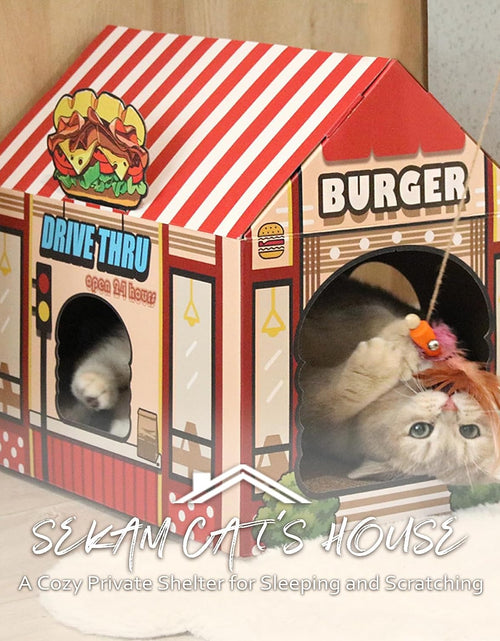 Load image into Gallery viewer, Cardboard Cat House with Scratcher/Catnip, (16.5''X12''X15'') Burger Shop for Indoor/Outdoor Cats, Cat Play House&amp;Home Decor, Cat Scratch Toy, Hideout for Bunny&amp;Small Animals
