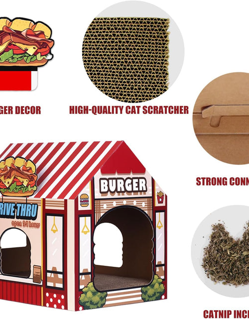 Load image into Gallery viewer, Cardboard Cat House with Scratcher/Catnip, (16.5''X12''X15'') Burger Shop for Indoor/Outdoor Cats, Cat Play House&amp;Home Decor, Cat Scratch Toy, Hideout for Bunny&amp;Small Animals
