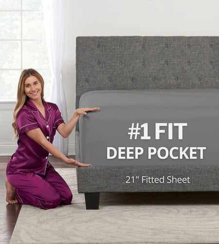 Fitted Sheets Queen Size – Queen Fitted Sheet Only Deep Pocket – Soft 21” Extra Deep Pocket Queen Fitted Sheets Fit Perfectly 17”–23” Deep Mattress & Toppers – 1 Bottom Sheet Grey Fitted Sheet Queen