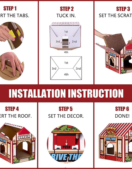 Load image into Gallery viewer, Cardboard Cat House with Scratcher/Catnip, (16.5''X12''X15'') Burger Shop for Indoor/Outdoor Cats, Cat Play House&amp;Home Decor, Cat Scratch Toy, Hideout for Bunny&amp;Small Animals
