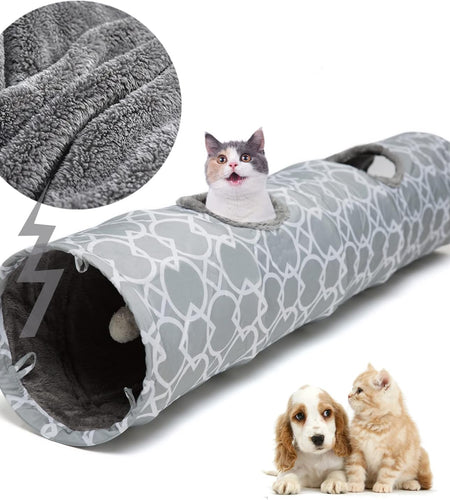 Geometric Straight Cat Tunnel with Plush Inside,Cats Toys Collapsible Tunnel Tube with Balls, for Rabbits, Kittens, Ferrets,Puppy and Dogs, Diameter 9.8 Inch