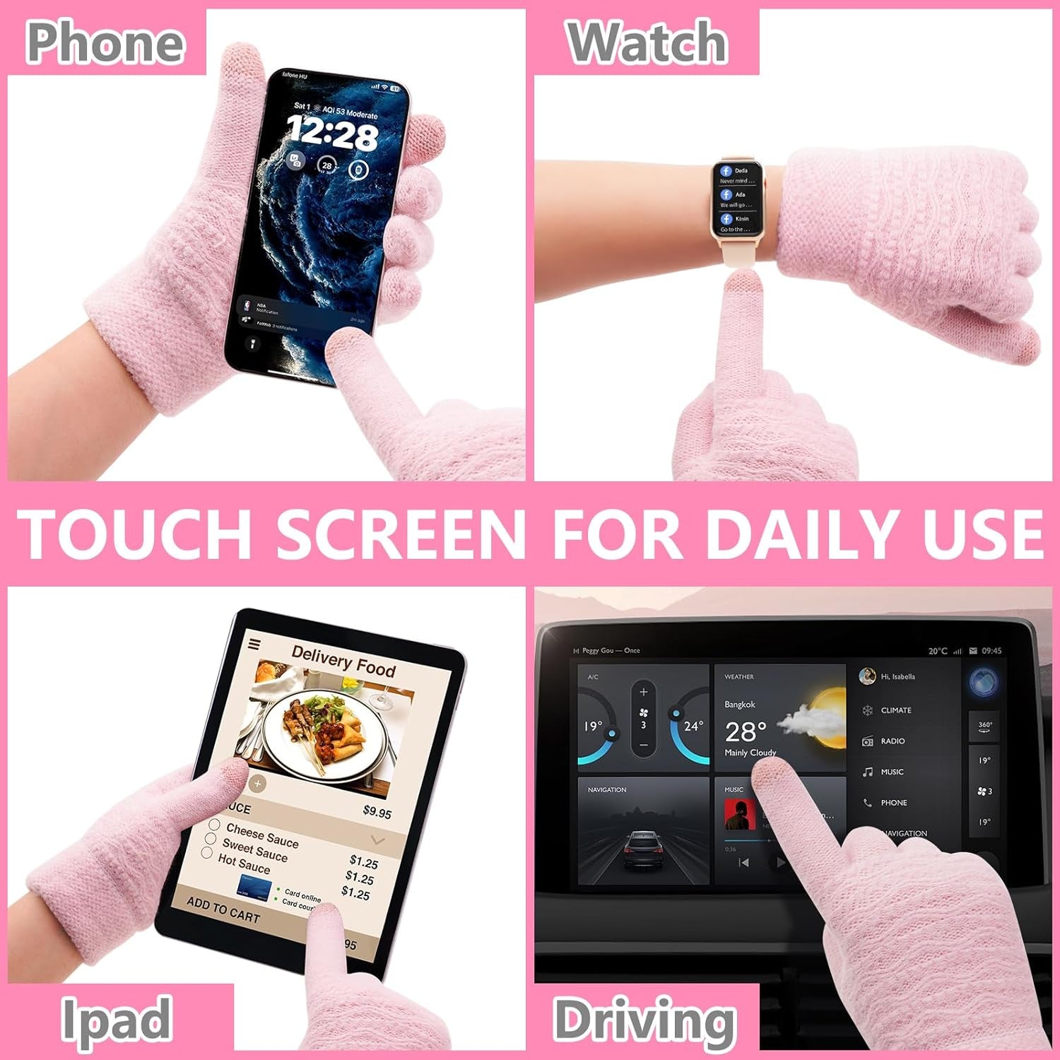 3Pcs Winter Women Beanie Hat Scarf and Touch Screen Gloves Sets Girls Classic Knit Warm Chunky Fleece Lined Cable Cap