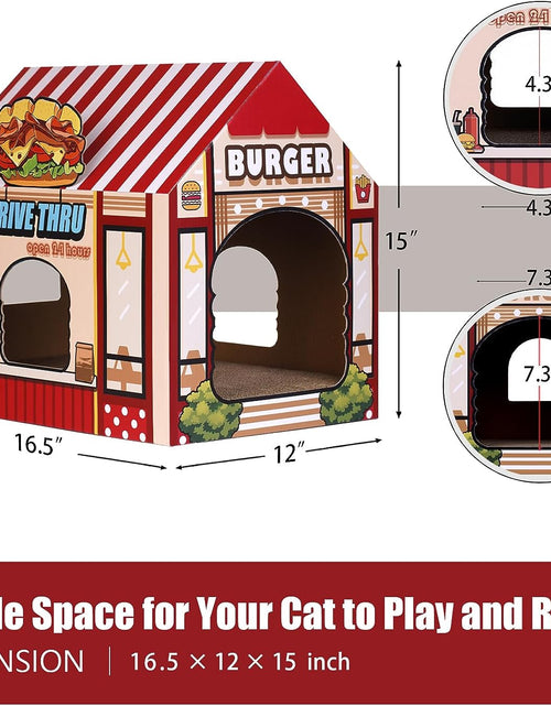 Load image into Gallery viewer, Cardboard Cat House with Scratcher/Catnip, (16.5''X12''X15'') Burger Shop for Indoor/Outdoor Cats, Cat Play House&amp;Home Decor, Cat Scratch Toy, Hideout for Bunny&amp;Small Animals
