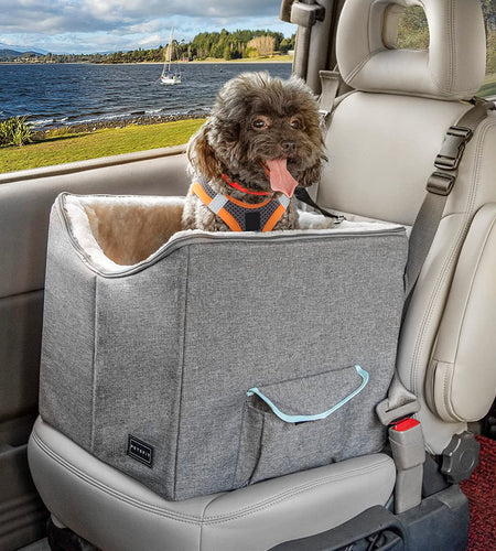 Small Dog Car Seat, Pet Travel Car Booster Seat with Safety Belt, Washable Double-Sided Cushion and Storage Pocket for Small Pet (Small, Light Grey)