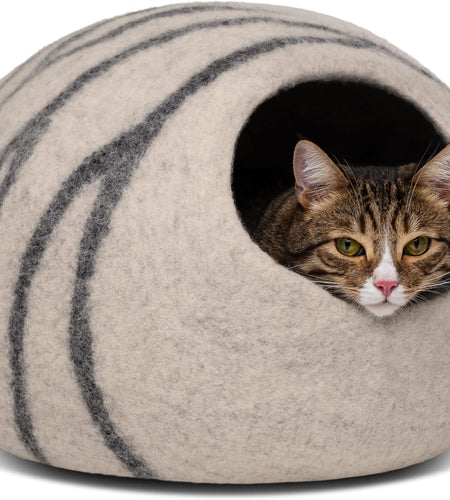 Premium Felt Cat Bed Cave - Handmade 100% Merino Wool Bed for Cats and Kittens (Light Shades) (Large, Light Grey)