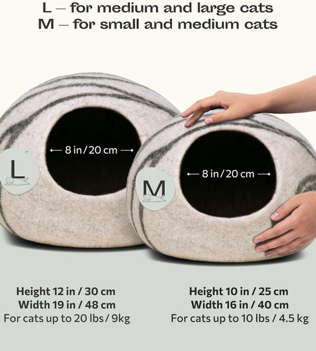 Premium Felt Cat Bed Cave - Handmade 100% Merino Wool Bed for Cats and Kittens (Light Shades) (Large, Light Grey)