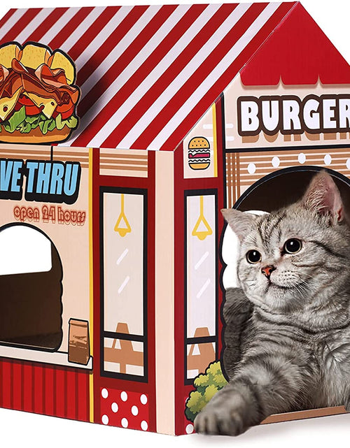 Load image into Gallery viewer, Cardboard Cat House with Scratcher/Catnip, (16.5''X12''X15'') Burger Shop for Indoor/Outdoor Cats, Cat Play House&amp;Home Decor, Cat Scratch Toy, Hideout for Bunny&amp;Small Animals
